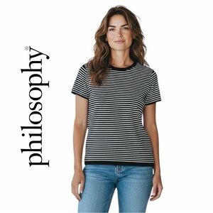 Philosophy Black and White Striped Crew Neck Short Sleeve Sweater - Size M